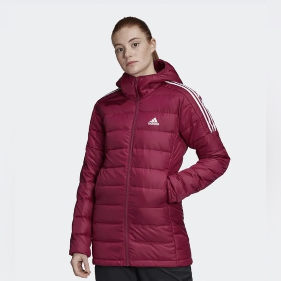 Adidas Essential Light Down Hooded Parka Jacket Berry GH4592 Womens sz Small - Picture 1 of 4